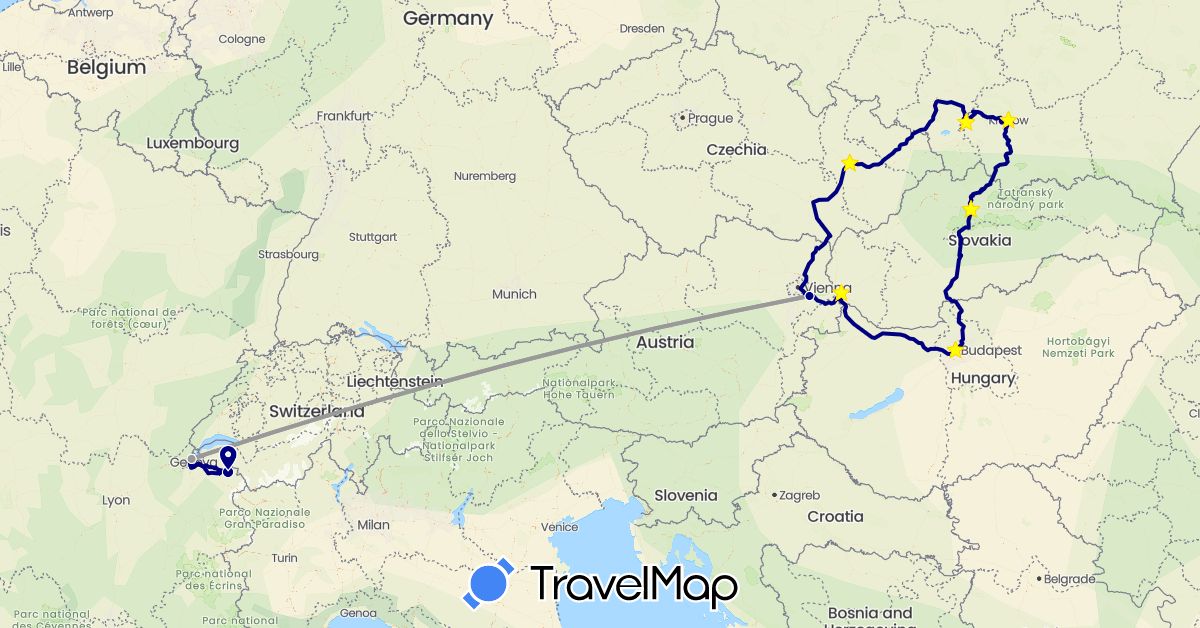 TravelMap itinerary: driving, plane in Austria, Switzerland, Czech Republic, France, Hungary, Poland, Slovakia (Europe)