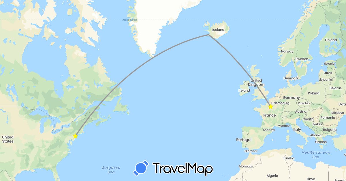 TravelMap itinerary: driving, plane in France, Iceland, United States (Europe, North America)