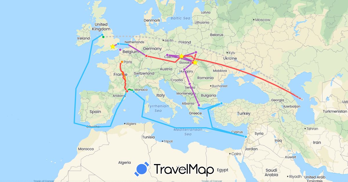 TravelMap itinerary: driving, bus, train, hiking, boat, hitchhiking, unknown in Czech Republic, Germany, France, United Kingdom, Greece, Hungary, Lebanon, Netherlands, Poland, Serbia, Slovakia, Turkey (Asia, Europe)